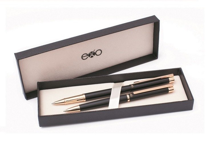 Zestaw (pióro kulkowe i długopis) EXO Vela, czarny, złote wykończenia